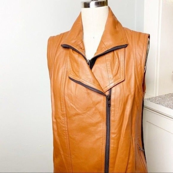 Mural Brown Leather & Wool Zip Up Vest Moto Jacket Small - Picture 5 of 12